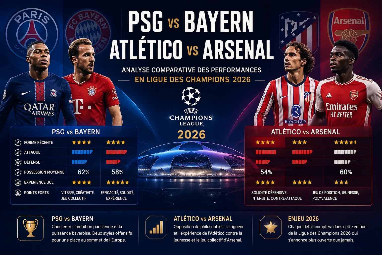 PSG vs Bayern et Atlético vs Arsenal : analyse comparée des duels de Champions League