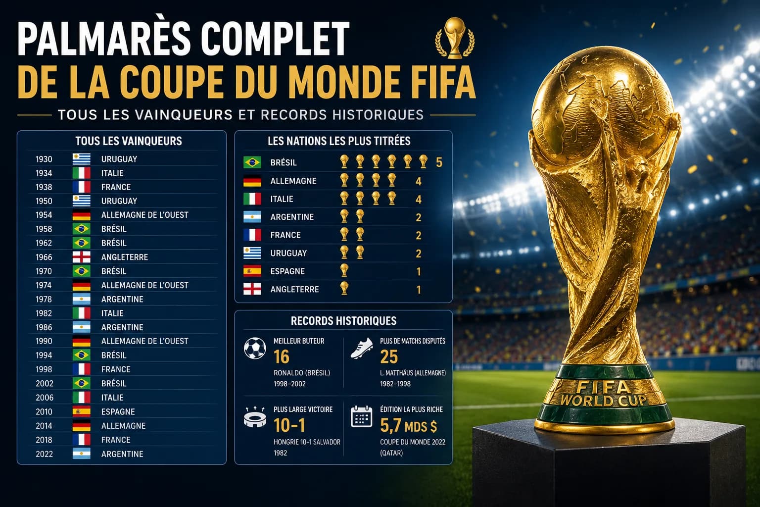 Palmarès complet de la Coupe du Monde FIFA : Histoire, records et grandes surprises