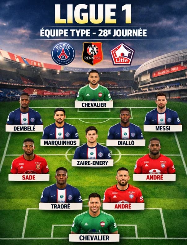 Ligue 1 : Dembélé, Sade et les stars du PSG, Rennes et Lille dans l’équipe type de la 28e journée